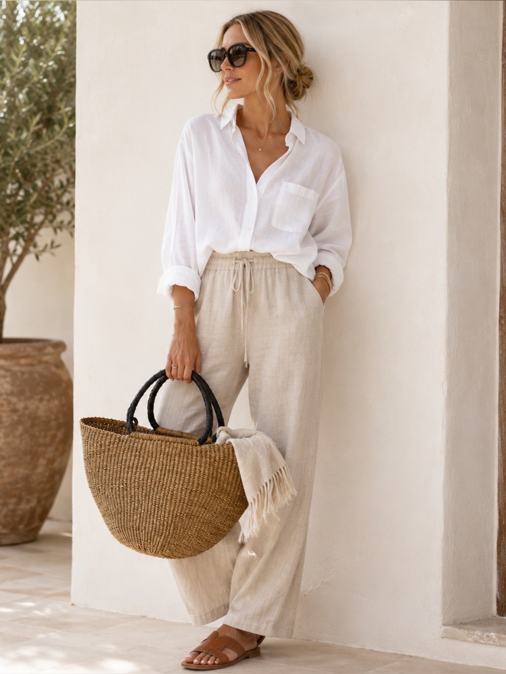 Woven Large Straw Tote Bag with Dark Brown Leather Bound Handles - Picture 9 of 9